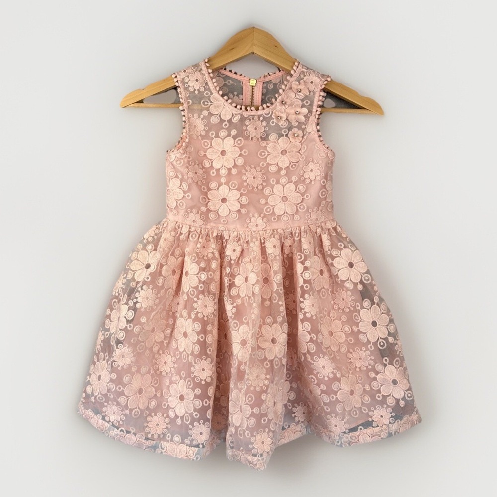Vintage Girls Lace Dress 6 Pink Crinoline Rhinestones Sleeveless Rare Editions